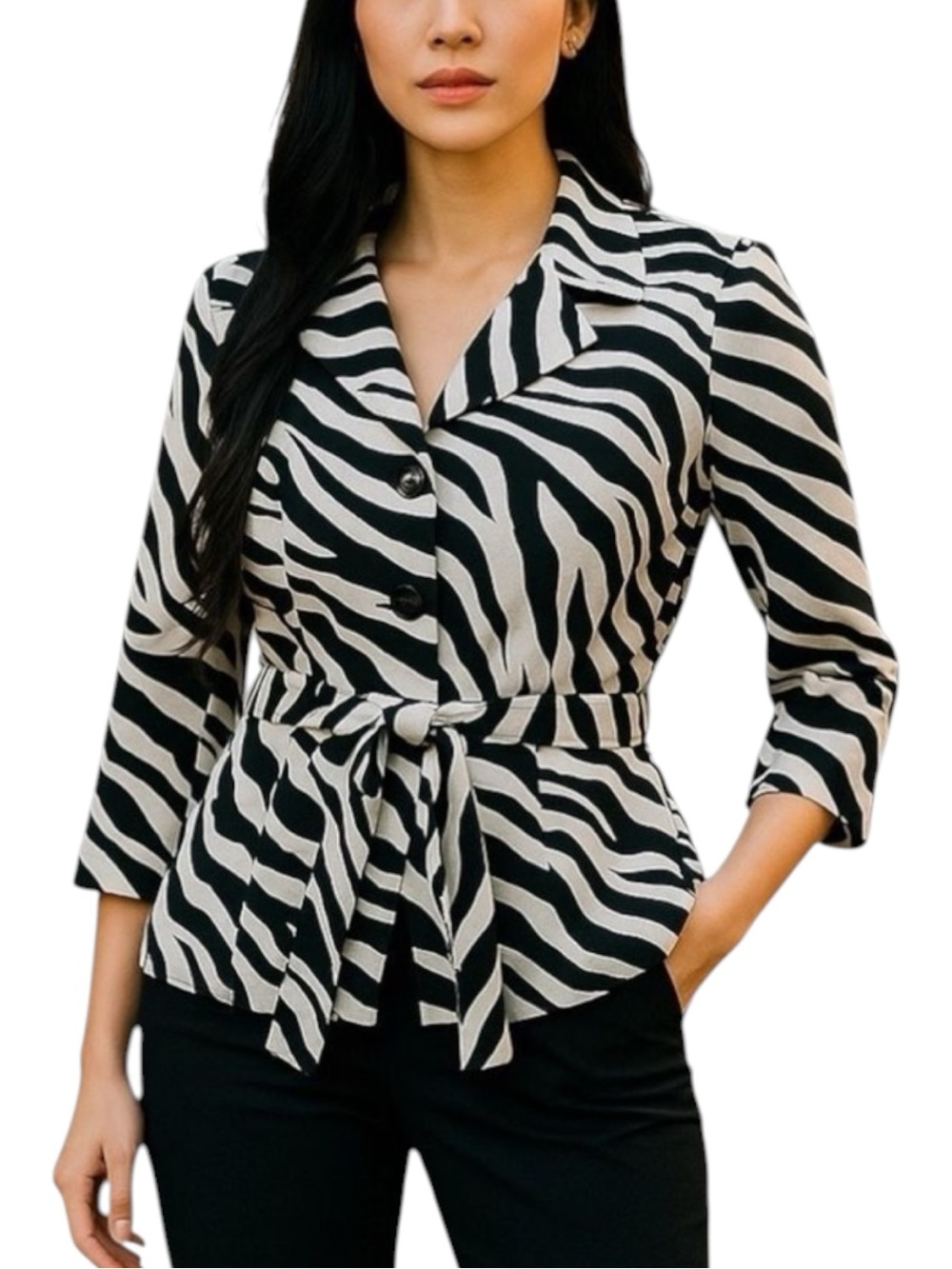 Sandro Black & White Zebra Print Belted Short Trench Jacket Size M